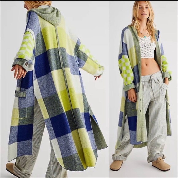 Free People Sweaters - Free People South Bend Plaid Hooded Long Sweater Cardigan Oversized XS